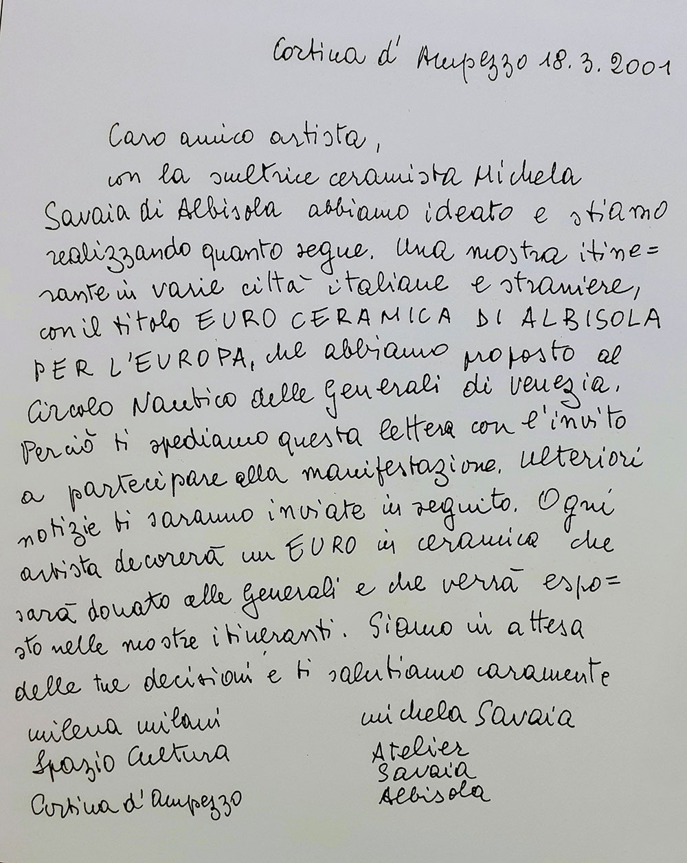 Milena Milani, Lettera di invito agli artisti, 2001